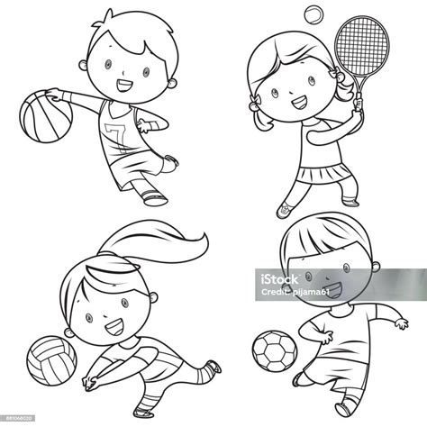 Cartoon Kids Sports Characters Drawing Stock Illustration - Download ...