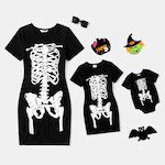 Halloween Glow In The Dark Skeleton Print 95% Cotton Short-sleeve Black Bodycon T-shirt Dress ...