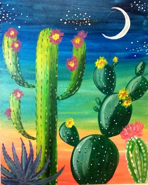 Colorful Cactus Sunset Friday Sept 9 7pm | Cactus paintings, Mexican art painting, Cactus painting