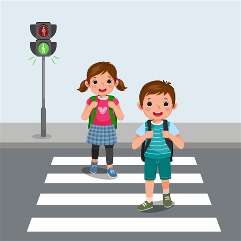 Cute School kids with backpack walking crossing road near pedestrian traffic light on zebra ...