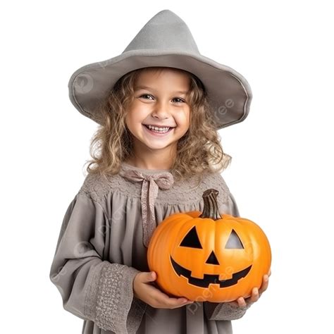 Cute Child In Halloween Costume And Witch Hat With Pumpkin, Halloween ...