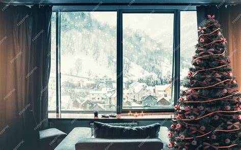 Premium Photo | Snowy window with christmas interior decor