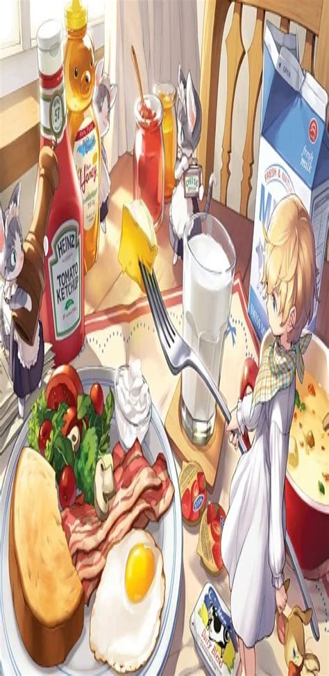 Breakfast anime, anime, bacon, cute, eggs, food, ketchup, milk, salad, HD phone wallpaper | Peakpx