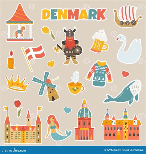 Set of Stickers of Danish Famous Places, Symbols Stock Vector ...