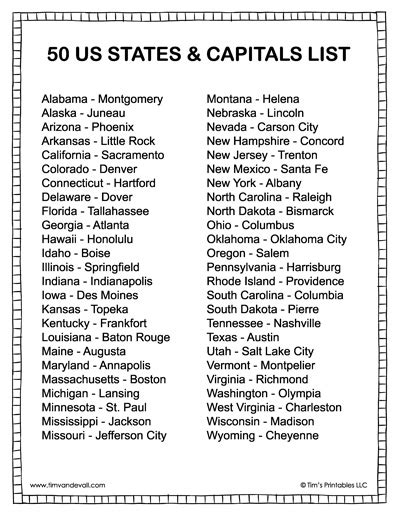 States and Capitals List - Tim's Printables