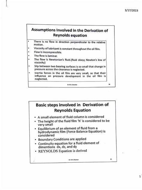 Reynolds equation derivation | PDF | Fluid Dynamics | Fluid