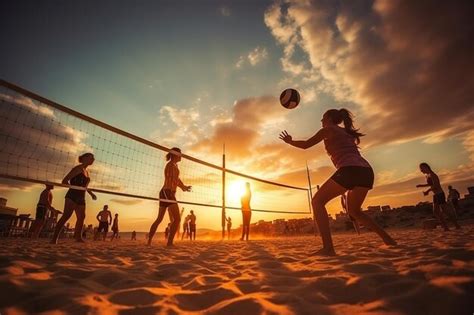 Premium AI Image | Sunset Beach Volleyball Action with Athletes