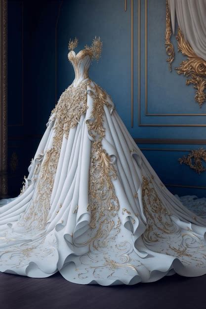 Premium AI Image | White and gold wedding dress in a blue room ...