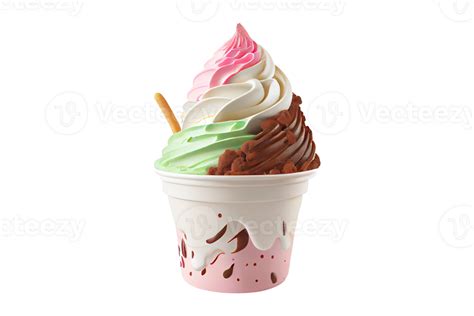 Tasty colorful ice cream cup with syrups and fruits on transparent ...