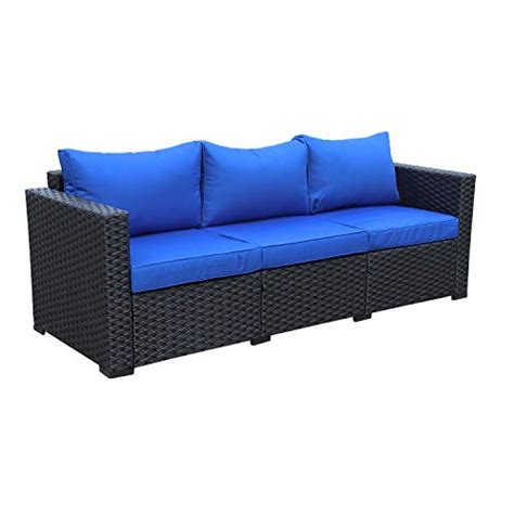 Patio PE Wicker Couch - 3-Seat Outdoor Black Rattan Sofa Furniture with Royal Blue Cushion ...
