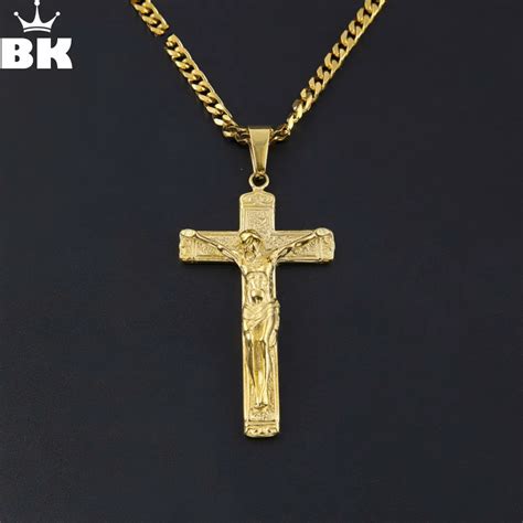 Hip Hop Crucifix Jesus Pendant Necklace Stainless Steel Mens Gold Color Engraved Jesus Cross ...