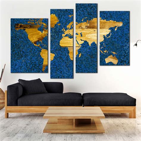 Flat Earth Canvas Print, Yellow World Map Digital Painting 4 Piece Can ...