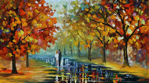 Wallpaper : sunlight, trees, painting, fall, park, couple, path, Leonid Afremov, tree, autumn ...