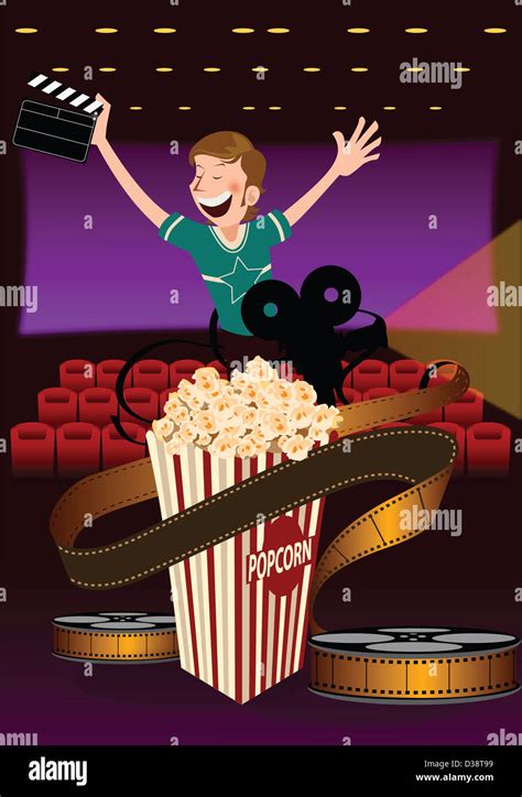 Man holding a film slate in a movie theater with popcorn and film projector Stock Photo - Alamy