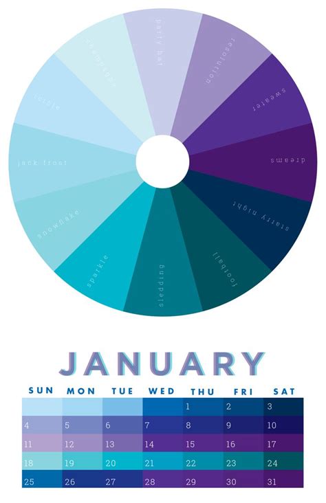 Based on a designer’s color wheel, this wall calendar labels a unique color palette for each ...