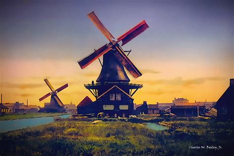 Digital Oil Painting of Two Windmills in Holland – Charles W. Bailey ...