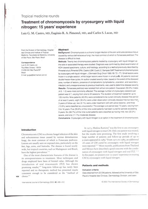 (PDF) Treatment of chromomycosis by cryosurgery with liquid nitrogen: 15 years' experience