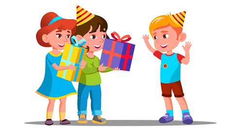 Children Give Birthday Gifts To A Friend Vector. Isolated Illustration 17390762 Vector Art at ...