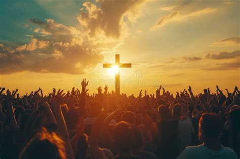 Sunset Worship: Crowd with Raised Hands at Cross Silhouette Stock ...