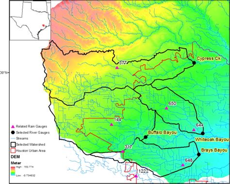 The San Jacinto River Basin and the selected watersheds and rain gauges... | Download Scientific ...