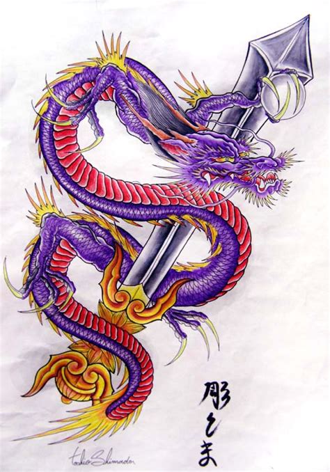 Purple dragon with pink belly pierced with a big sword tattoo design by ...