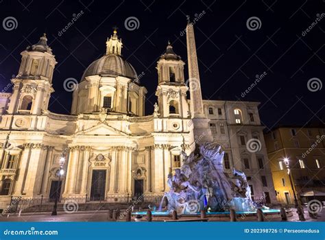 Piazza Navona Navona`s Square, in Rome, Italy, with the Famous Bernini Fountain by Night ...