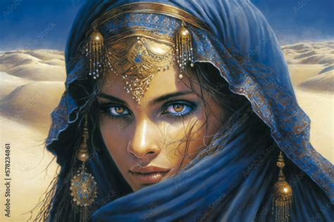 Beautiful Arab or oriental girl with head covered, blue eyes and a mysterious look. Created with ...