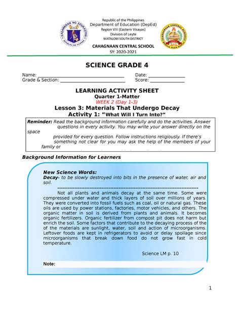 Teacher-made Science 4 Q1-week 2 Activity sheets with answer key - SCIENCE GRADE 4 Name: - Studocu