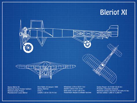 Bleriot XI Airplane Blueprint. Drawing Plans or Schematics with design outline for the Bleriot ...