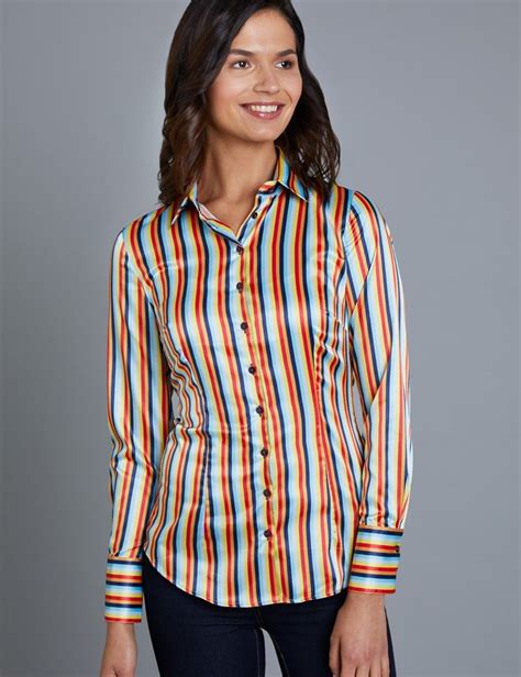 Women’s Navy & Orange Circus Stripe Fitted Satin Shirt - Single Cuff ...