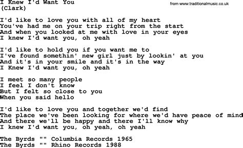 I Knew I'd Want You, by The Byrds - lyrics with pdf