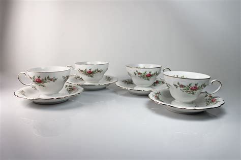 Cups and Saucers, Johann Haviland, Moss Rose, Bavarian Backstamp, Floral Pattern, Set of Four ...