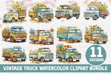 1 Vintage Truck Watercolor Clipart Bundle Designs & Graphics