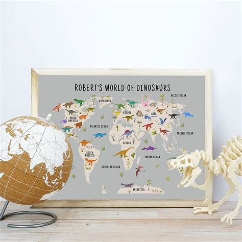 Personalized Dinosaur World Map Wall Art Kids Educational Poster Print - CALLIE