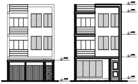 an architectural drawing of the front and side of a two story building with several balconies