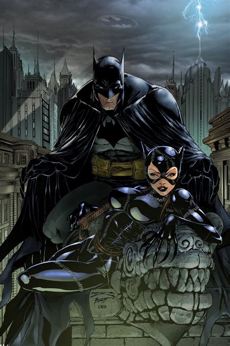 batman and catwoman sitting on top of a statue in front of a cityscape