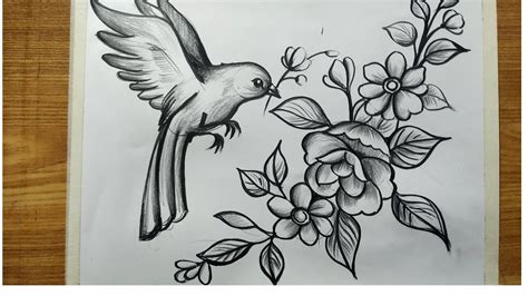 how to draw bird and flowers step by step with pencil sketch for ...