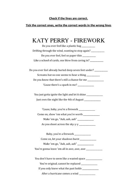 Song Worksheet:Firework by Katy Perry