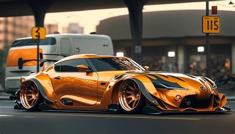 Premium Photo | A gold toyota supra with a black and orange paint job.