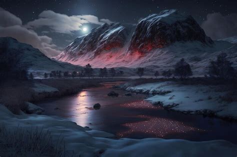 Premium Photo | Snow covered mountains with a river at night