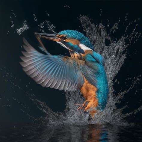 Common European Kingfisher river kingfisher flying after emerging from water with caught fish ...