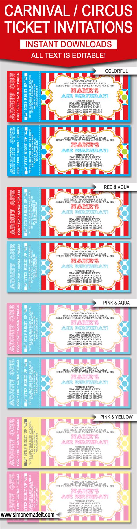 Editable Carnival Ticket Invitations | Circus or Carnival Party