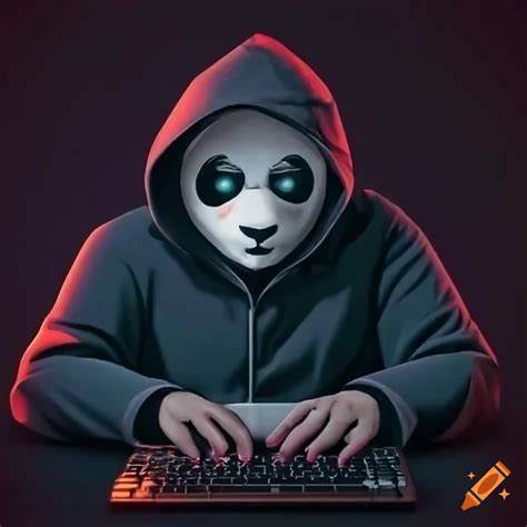 Nft panda hacker with hood looking at keyboard on Craiyon