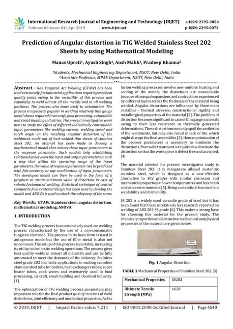 IRJET- Prediction of Angular Distortion in TIG Welded Stainless Steel 202 Sheets by using ...