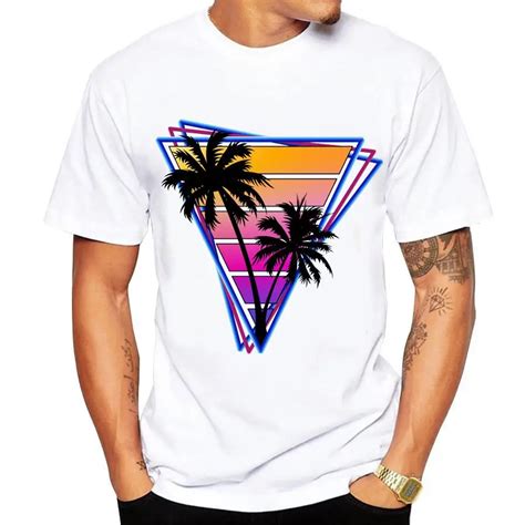 casual men's t shirt new short sleeved Summer Retro Style Synthwave Graphic Logo Design printing ...