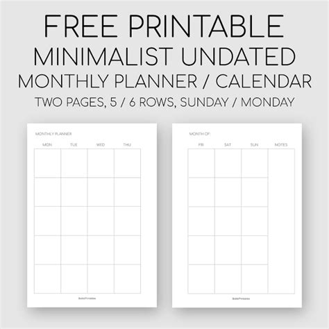 Printable Minimalist Monthly Planner - Month on Two Pages