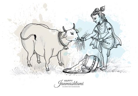 Hand draw sketch lord krishna in happy janmashtami festival card ...