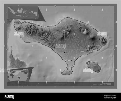 Bali, province of Indonesia. Grayscale elevation map with lakes and ...