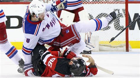 Rangers' Jacob Trouba throws enormous hit on Devils' Timo Meier - Yahoo ...