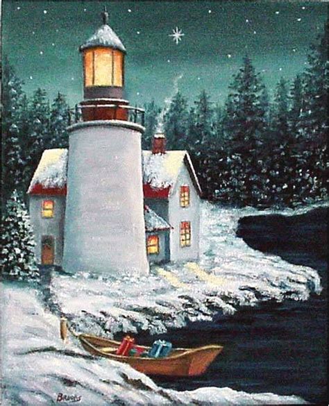 "Christmas At The Light" featuring a snowy lighthouse with a small boat ...